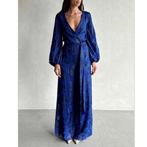 NWT ML Monique Lhuilier Belted Metallic Fil Coupe Silk Blend Wide Leg Jumpsuit 2